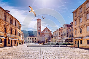 Main square in old medieval town Hvar with seagull`s flying over. Hvar is one of most popular tourist destinations in Croatia in photo