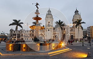 Main Square or Plaza Mayor or Plaza de Armas of Lima in the Historic Center of town, surrounded by colonial buildings photo