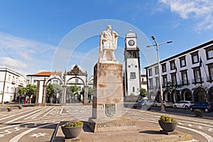 Main square of Ponta Delgada with statue of Gonzalo Velho Cabral in Azores.