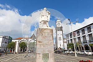 Main square of Ponta Delgada with statue of Gonzalo Velho Cabral in Azores, Portugal.