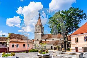 Main square and Saint Matthias evangelical church in Rasnov, Brasov County, Transylvania, Romania