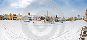 Main square of Telc with its famous 16th-century colorful houses, a UNESCO World Heritage Site since 1992, on a winter day with