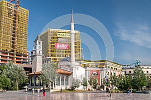 The main square of Tirana with Et`hem Bey Mosque and Tirana Clock Tower