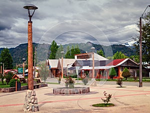 Main square of the town of Futaleufu, located in the Los Lagos region, Chile