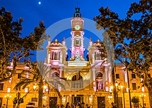 The main square of Valencia at night, Spain