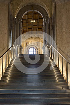Main staircase of the historic building of La Misericordia in Venice