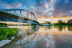 The Main Street Bridge and Scioto River at sunset, in Columbus, Ohio