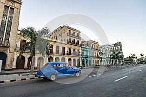 main street Paseo Marti. Marti Promenade in front of iconic old colorful colonial houses in Havana Vieja. Old Havana