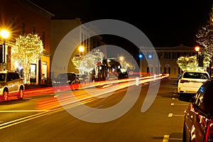 Main street in a small North Carolina town at Christmas at night.