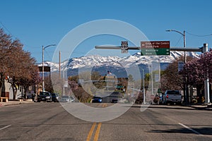 Main street in the small rural town of Blanding, Utah, on a sunny spring day.