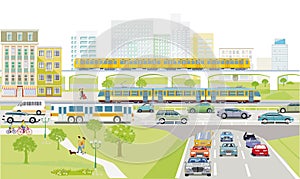 Main street with tram and road traffic and in front of buildings, illustration