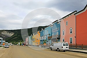 Main street with typical traditional wooden houses in Dawson City, Canada