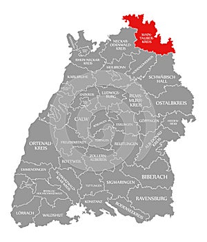 Main-Tauber-Kreis county red highlighted in map of Baden Wuerttemberg Germany