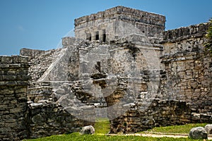 The main temple of the Ancient Mayan Ruins in Tulum Mexico photo