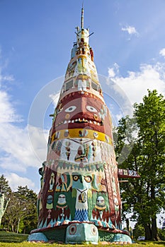 Main totem pole in Ed Galloways Totem Pole Park near Route 66 featuring Native American and Folk Art Foyil Oklahoma USA 5 12 2018 photo