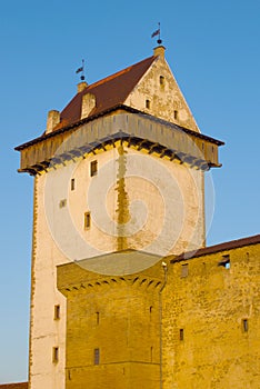 Main tower Long Hermann of the medieval castle of Narva close-up. Narva, Estonia