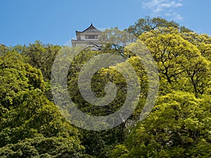 Main tower of Marugame castle peeking through lush greenery in springtime