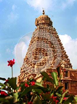 The main tower with single stone doom that is called vimana of the ancient Brihadisvara Temple in Thanjavur, india.