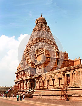 The main tower with single stone doom that is called vimana of the ancient Brihadisvara Temple in Thanjavur, india.