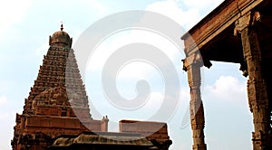 Main tower view through nandhi hall in the ancient Brihadisvara Temple in Thanjavur, india.