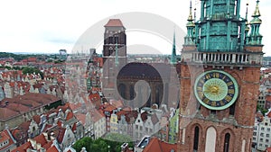 Main Town Hall in GdaÅ„sk, St. Mary`s Church in GaÅ„sk, aerial view