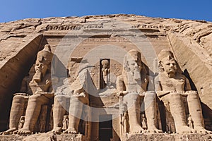 The main view of an Entrance to the Great Temple at Abu Simbel with Ancient Colossal statues of Ramesses II