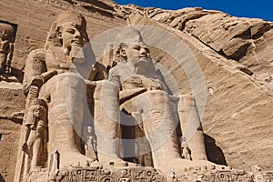 The main view of an Entrance to the Great Temple at Abu Simbel with Ancient Colossal statues of Ramesses II