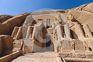 The main view of an Entrance to the Great Temple at Abu Simbel with Ancient Colossal statues of Ramesses II