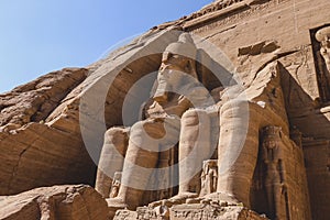 The main view of an Entrance to the Great Temple at Abu Simbel with Ancient Colossal statues of Ramesses II