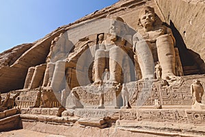 The main view of an Entrance to the Great Temple at Abu Simbel with Ancient Colossal statues of Ramesses II