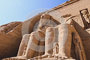 The main view of an Entrance to the Great Temple at Abu Simbel with Ancient Colossal statues of Ramesses II