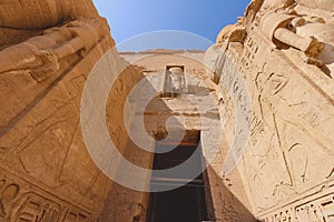 The main view of an Entrance to the Great Temple at Abu Simbel with Ancient Colossal statues of Ramesses II