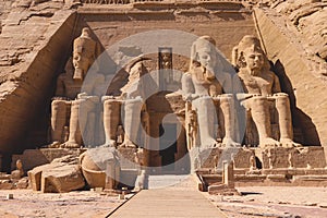 The main view of an Entrance to the Great Temple at Abu Simbel with Ancient Colossal statues of Ramesses II