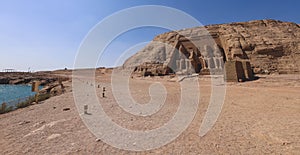 The main view of an Entrance to the Great Temple at Abu Simbel with Ancient Colossal statues of Ramesses II