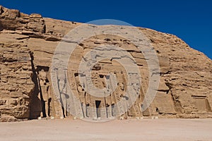 The main view of an Entrance to the Great Temple at Abu Simbel with Ancient Colossal statues of Ramesses II