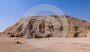 The main view of an Entrance to the Great Temple at Abu Simbel with Ancient Colossal statues of Ramesses II