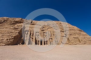 The main view of an Entrance to the Great Temple at Abu Simbel with Ancient Colossal statues of Ramesses II