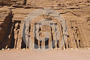 The main view of an Entrance to the Great Temple at Abu Simbel with Ancient Colossal statues of Ramesses II