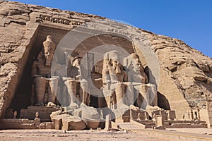 The main view of an Entrance to the Great Temple at Abu Simbel with Ancient Colossal statues of Ramesses II