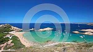 Main view of Pregonda beach, one of the most beautiful spots in Menorca, Balearic Islands, Spain