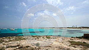 Main view of Ses Illetes beach, on of the most amazing and iconic spots of Formentera Island, Spain