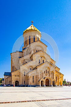 Main view with the stair case and cross pillars columns to Tbilisi Sameba Cathedral Tsminda Holy Trinity biggest church