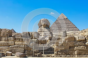 Main View to the Great Sphinx of Giza with the Great Pyramid in Background in Giza, Egypt