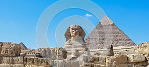 Main View to the Great Sphinx of Giza with the Great Pyramid in Background in Giza, Egypt