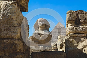 Main View to the Great Sphinx of Giza with the Great Pyramid in Background in Giza, Egypt