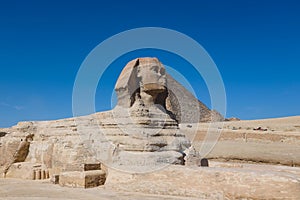 Main View to the Great Sphinx of Giza with the Great Pyramid in Background in Giza, Egypt