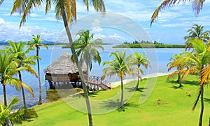 Main view of Yandup Island lodge cabins Panama.