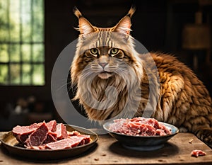 Maine Coon breed cat eats pieces of raw meat from a bowl. Pets