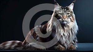 Maine Coon Cat with Huge polydactyl paws Lying on Isolated Black Background front view