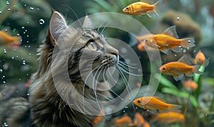 Maine coon cat looks at golden fish. Surprise, mystery, riddle illustration
